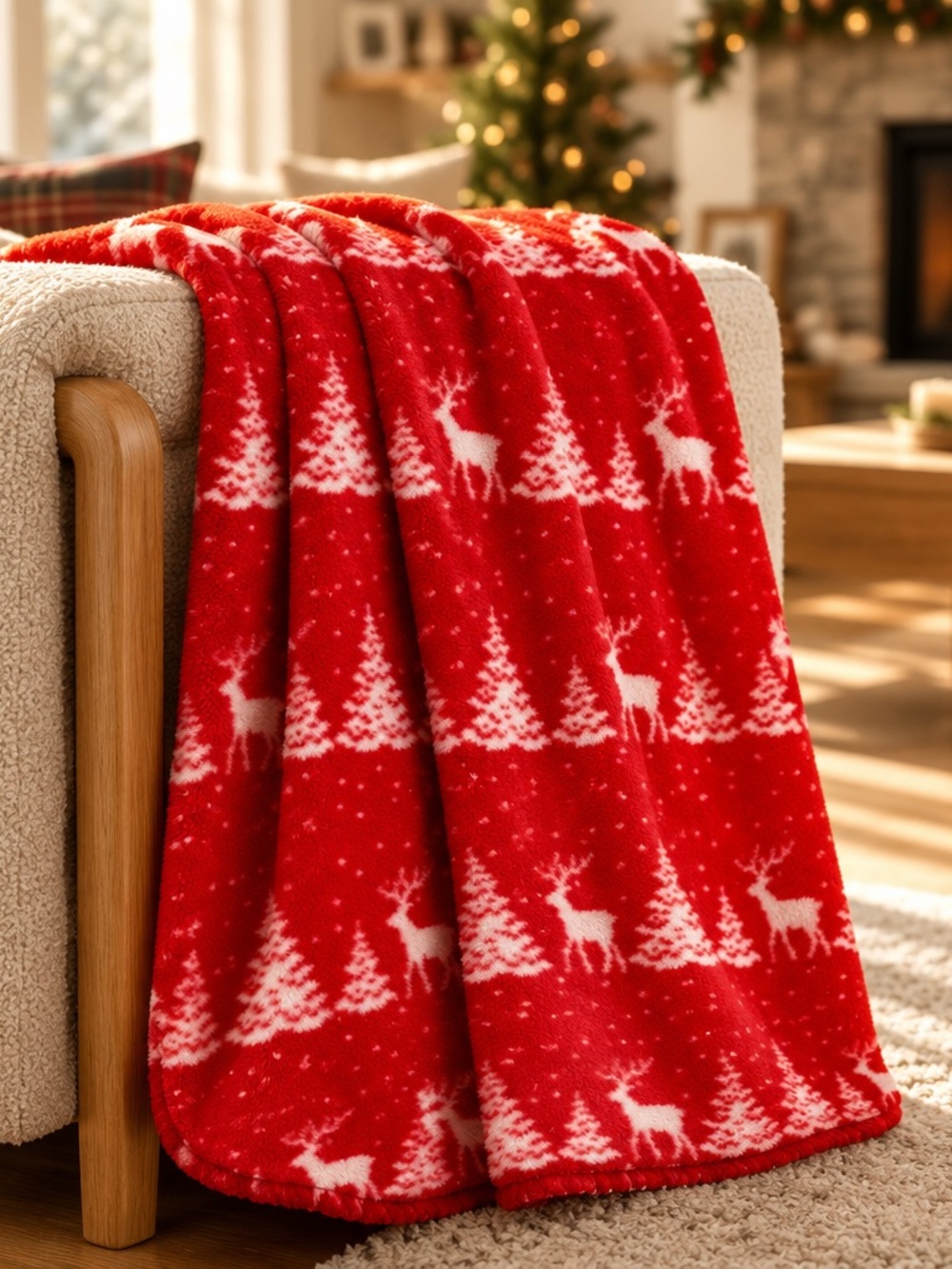 Festive Red Reindeer & Tree Holiday Throw Blanket NWOT 50 x 60